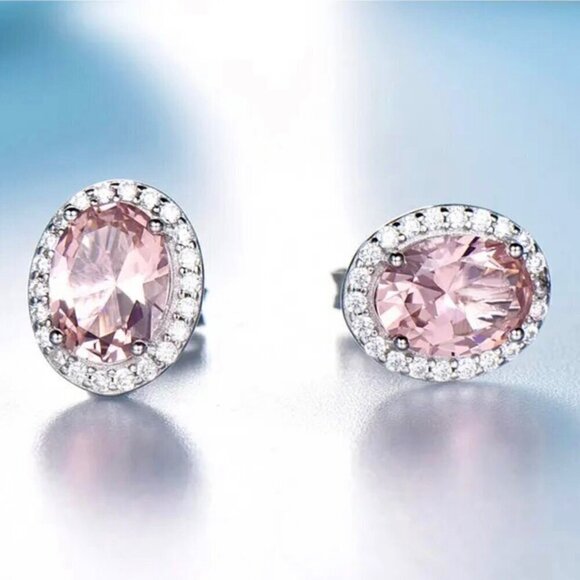 NWT Oval Pink Sapphire Stud Earring 14K Gold Over 925 Silver CZ Halo Feminine - Picture 6 of 8